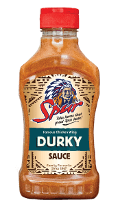 Spur Durky Sauce in a Spur branded sauce bottle, commonly used on chicken wings.